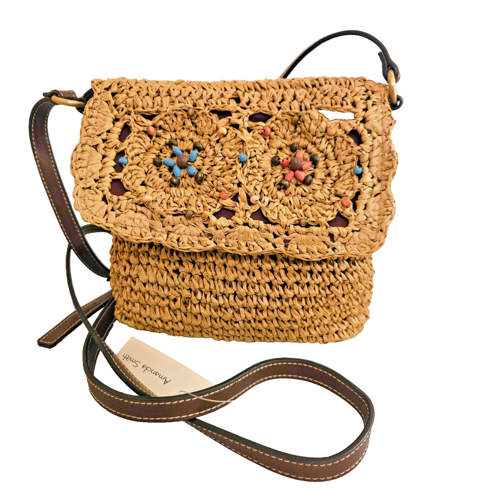 Vintage Amanda Smith crossbody bag woven straw beaded flowers boho hippie NWT